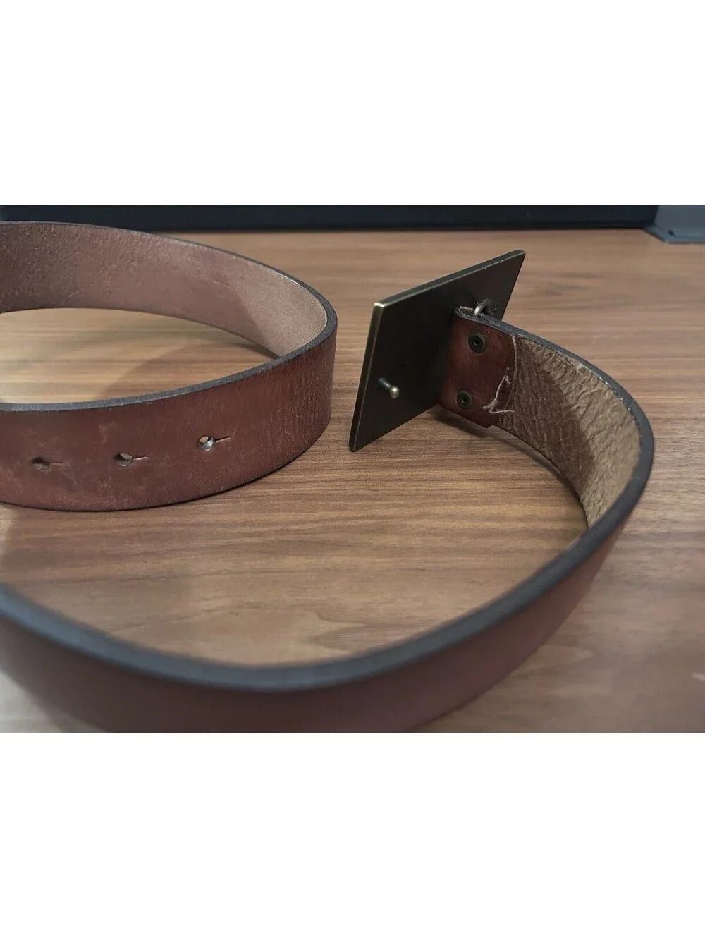 Levis Genuine Leather Belt Brown Wood Inlay Buckle Size 34/35 Rustic Style
